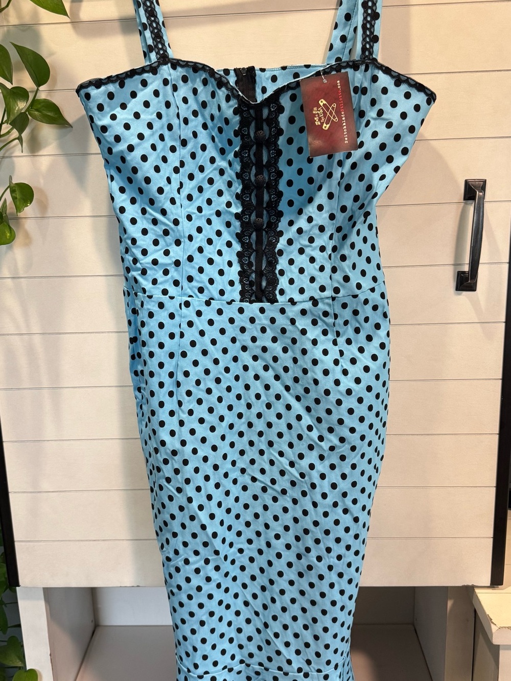 Polka Dot Lace-Trim Midi Dress in Blue